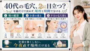 40代の毛穴が急に目立つ理由を頬の縦影・小鼻の重さ・夕方の毛穴落ちで分ける図解