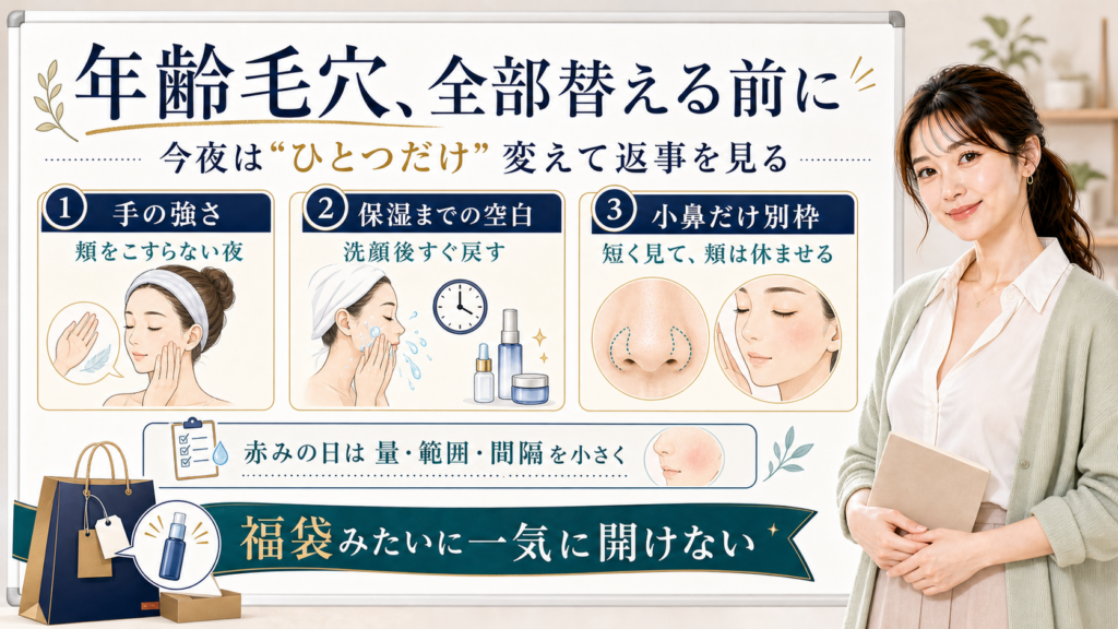 年齢毛穴のスキンケアを全部替えず手の強さ・保湿までの空白・小鼻だけ別枠で見直す図解