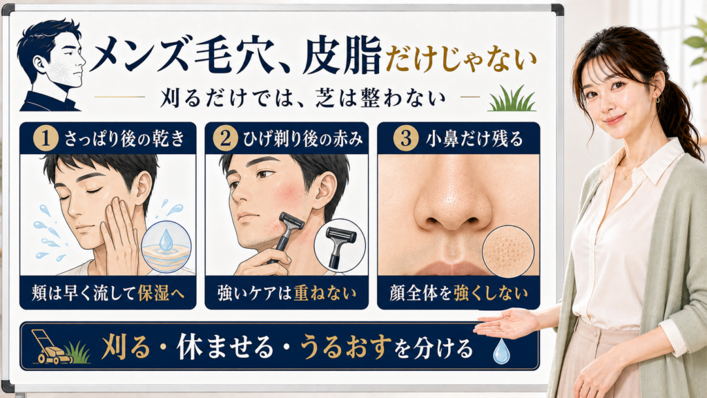 メンズ毛穴が皮脂だけでなく洗顔後の乾き・ひげ剃り後の赤み・小鼻だけ残る重さで目立つ理由の図解