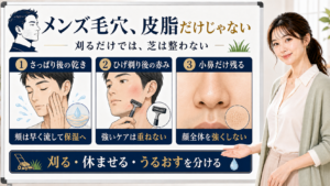 メンズ毛穴が皮脂だけでなく洗顔後の乾き・ひげ剃り後の赤み・小鼻だけ残る重さで目立つ理由の図解