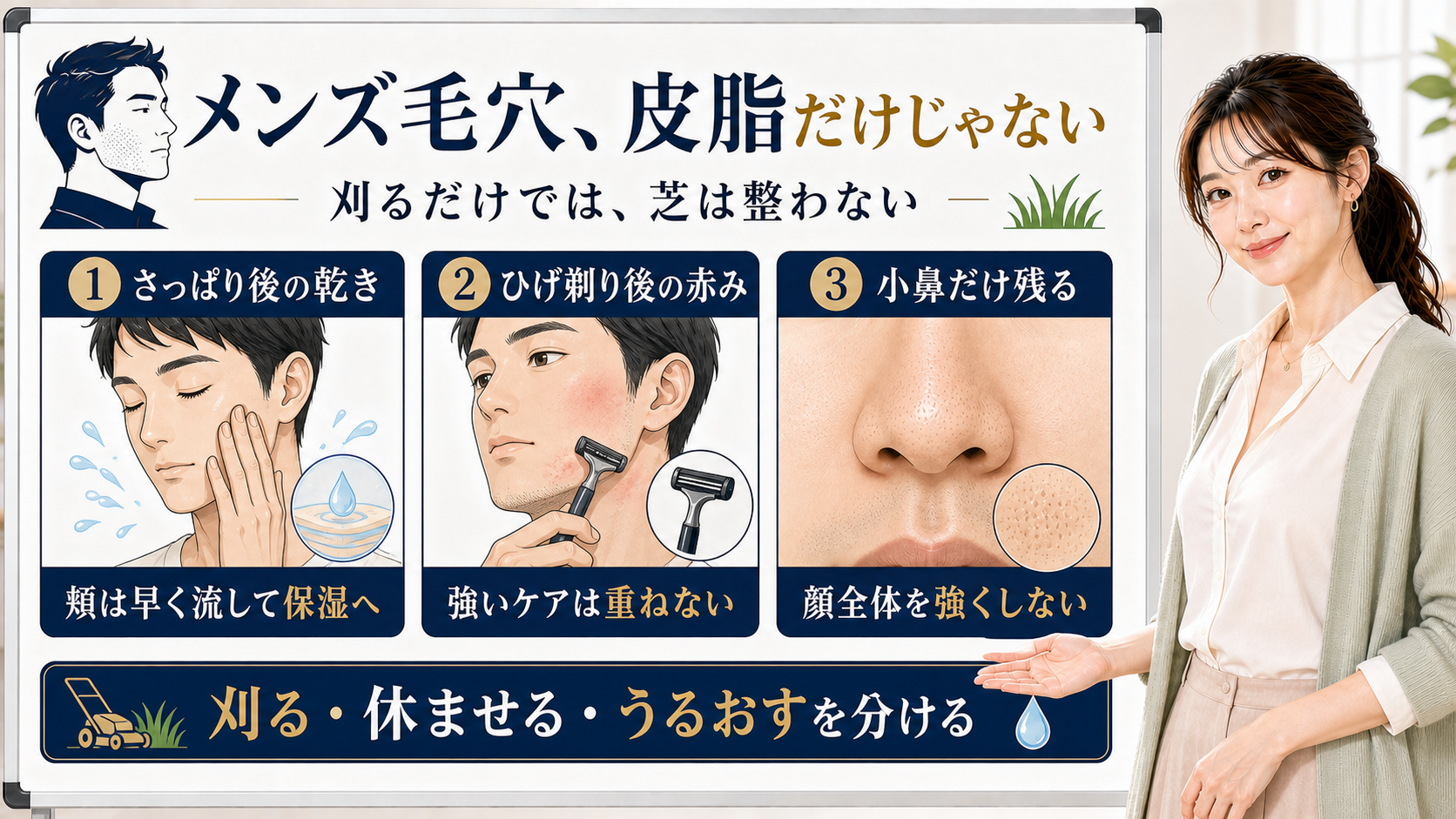メンズ毛穴が皮脂だけでなく洗顔後の乾き・ひげ剃り後の赤み・小鼻だけ残る重さで目立つ理由の図解