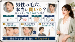 男性の毛穴が開いて見える理由を皮脂の光・ひげ剃り赤み・頬の乾き・夕方の鏡で分ける図解