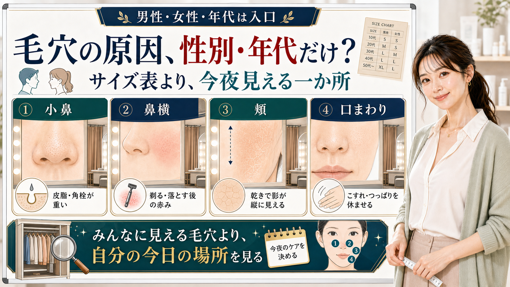 開き毛穴の原因を性別年代だけでなく小鼻・鼻横・頬・口まわりの今夜見える場所で分ける図解