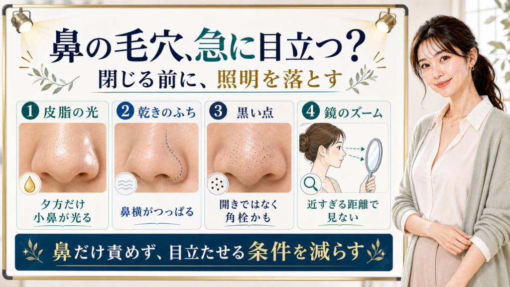 鼻の毛穴が急に目立つ理由を皮脂の光・乾きのふち・黒い点・鏡のズームで分ける図解
