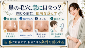 鼻の毛穴が急に目立つ理由を皮脂の光・乾きのふち・黒い点・鏡のズームで分ける図解