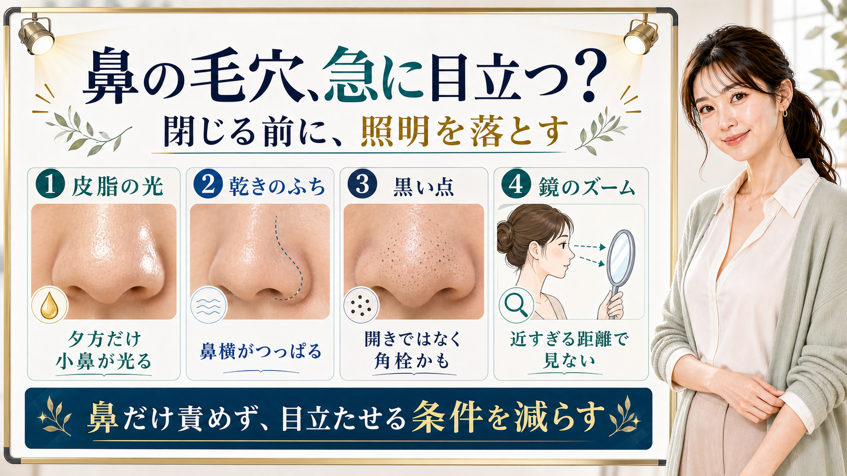 鼻の毛穴が急に目立つ理由を皮脂の光・乾きのふち・黒い点・鏡のズームで分ける図解