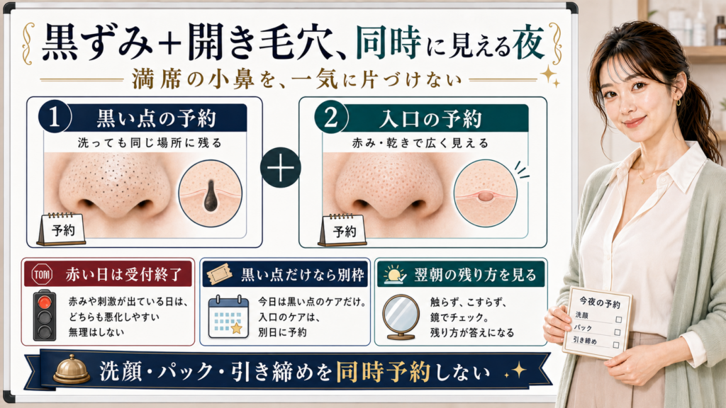 黒ずみと開き毛穴が同時に目立つ小鼻を黒い点の予約と入口の予約に分けて見る図解