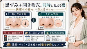 黒ずみと開き毛穴が同時に目立つ小鼻を黒い点の予約と入口の予約に分けて見る図解