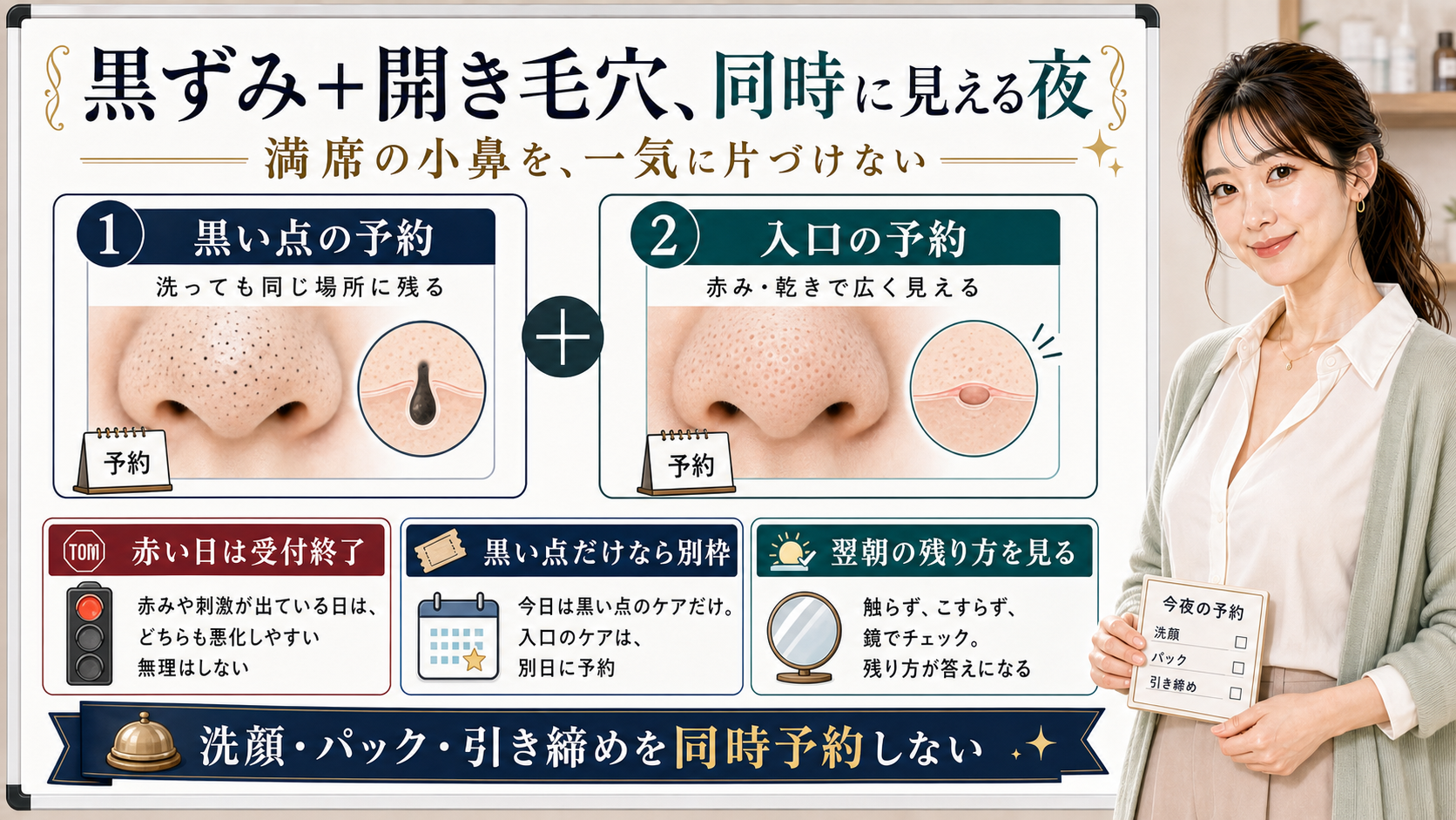 黒ずみと開き毛穴が同時に目立つ小鼻を黒い点の予約と入口の予約に分けて見る図解