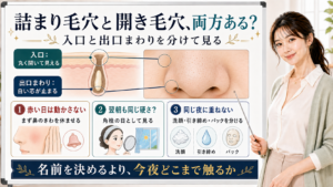 詰まり毛穴と開き毛穴が両方ある小鼻を入口と出口まわりで分けて見る図解