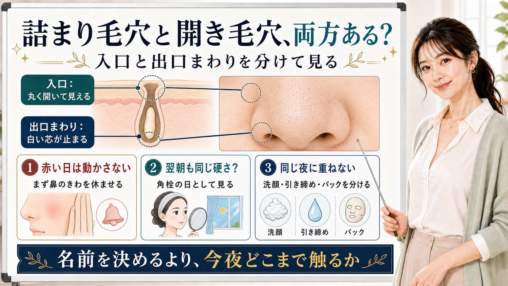 詰まり毛穴と開き毛穴が両方ある小鼻を入口と出口まわりで分けて見る図解
