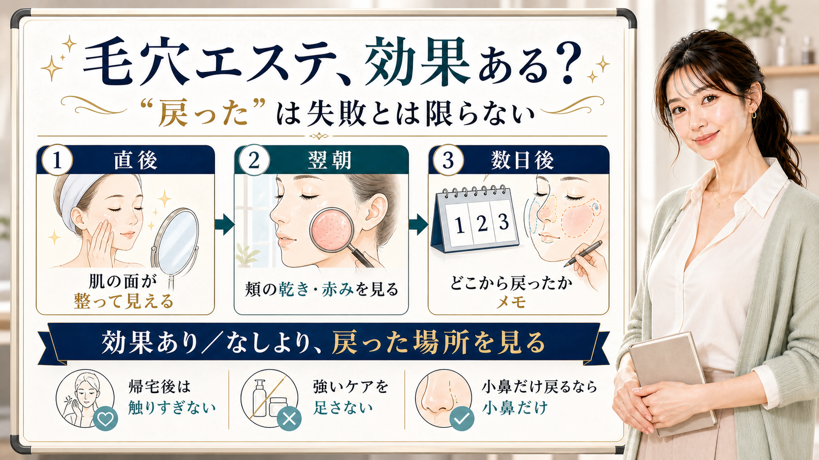 毛穴エステの効果を直後・翌朝・数日後の戻った場所で見る図解