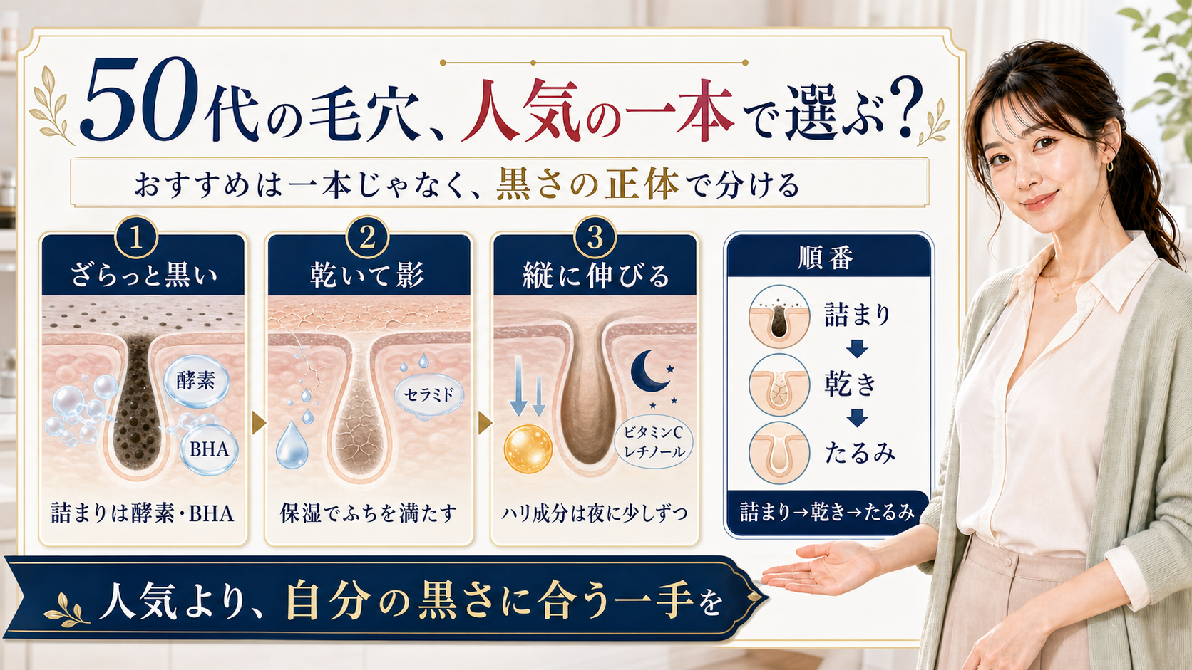 50代の毛穴対策は人気の一本ではなく詰まり乾きたるみで選ぶと整理したアイキャッチ