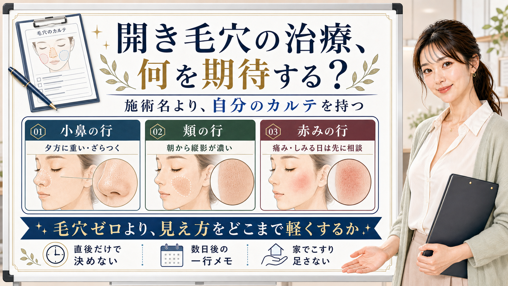 開き毛穴の治療で施術名より小鼻・頬・赤みの自分のカルテを持つ考え方の図解