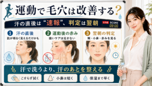 運動で毛穴が改善するかを汗の直後の速報と翌朝の頬・小鼻・赤みで見る図解