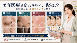 美容医療で変わりやすい開き毛穴をざらつき・凹凸・赤み・時間の相談アルバムで分ける図解