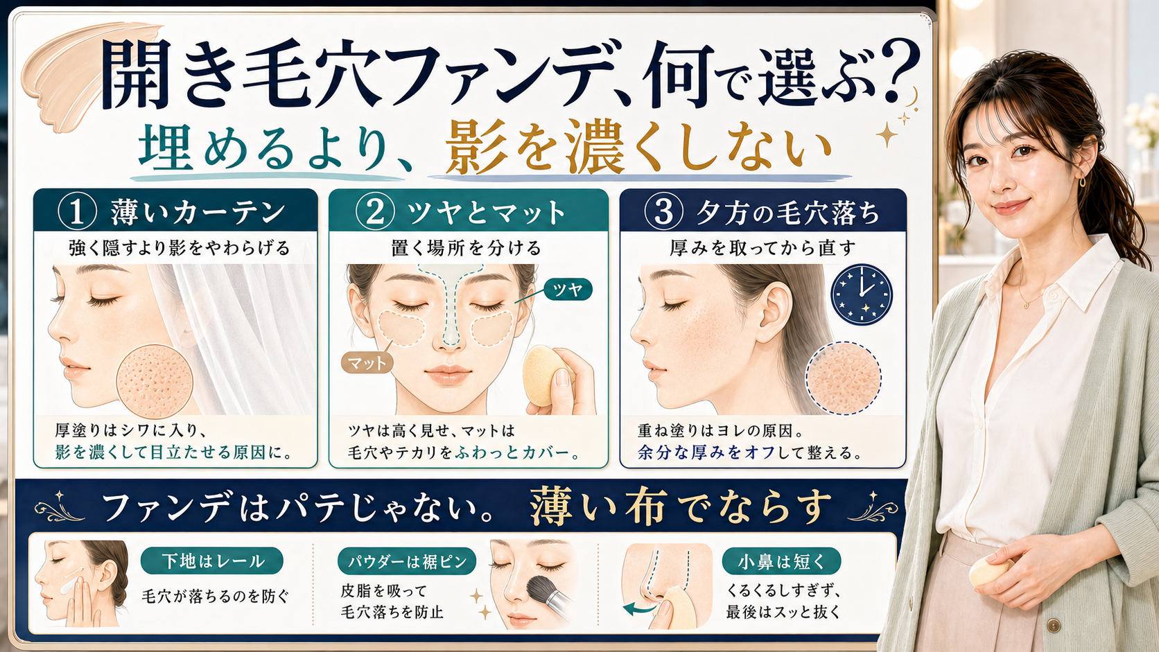 開き毛穴ファンデーションを埋めるより影を濃くしない薄いカーテンとして選ぶ図解