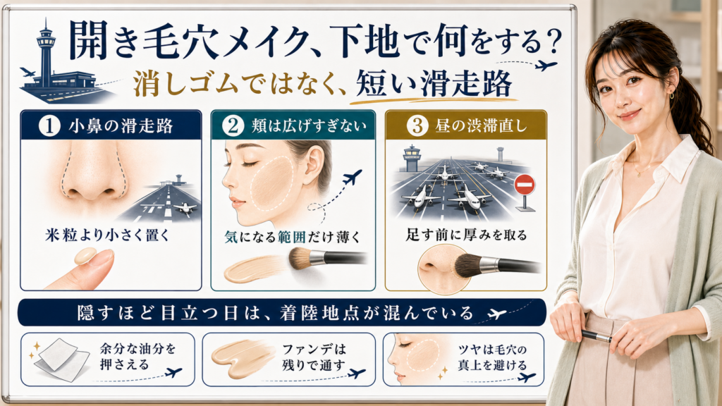 開き毛穴メイクで下地を消しゴムではなく短い滑走路として使う考え方の図解