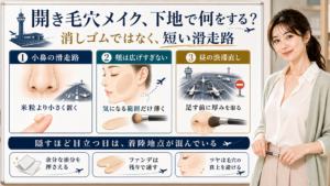 開き毛穴メイクで下地を消しゴムではなく短い滑走路として使う考え方の図解