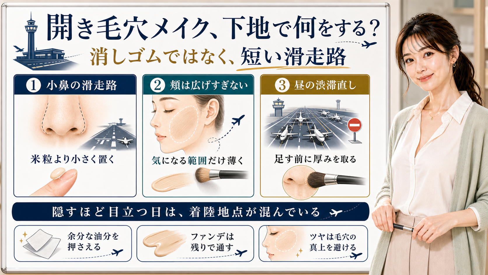 開き毛穴メイクで下地を消しゴムではなく短い滑走路として使う考え方の図解