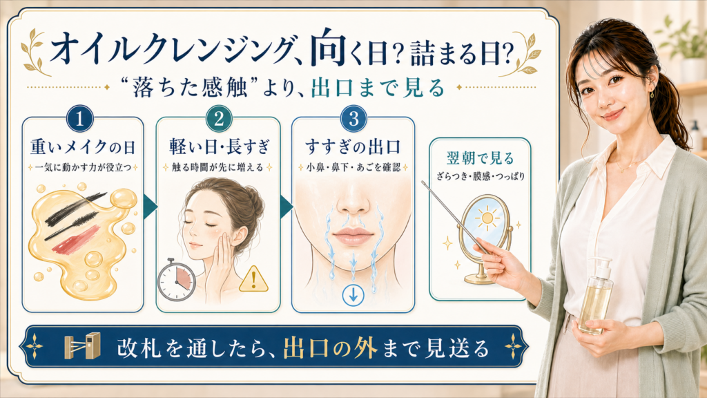 オイルクレンジングが向く日と詰まりやすい日を出口まで見る説明ボード