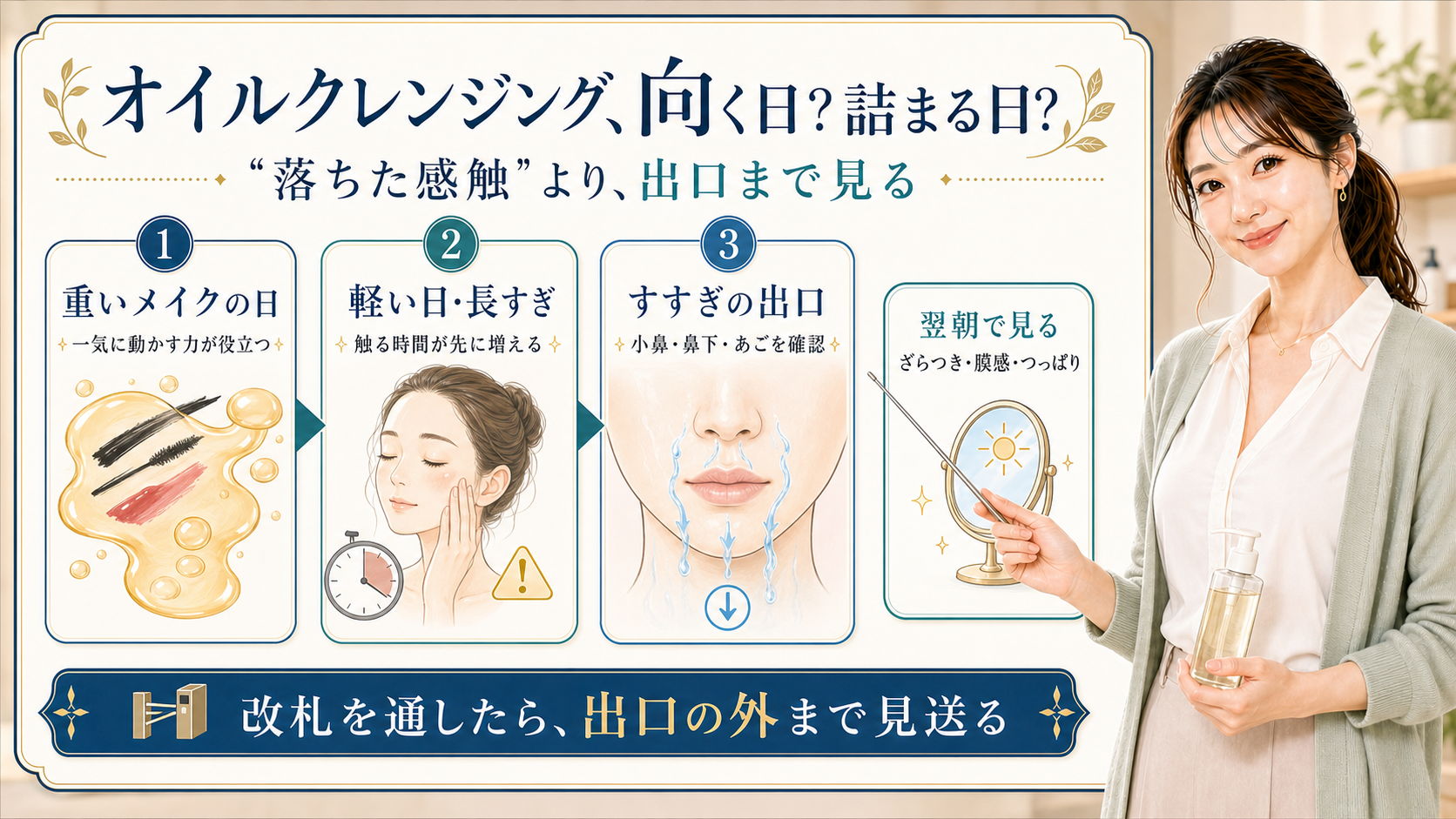 オイルクレンジングが向く日と詰まりやすい日を出口まで見る説明ボード