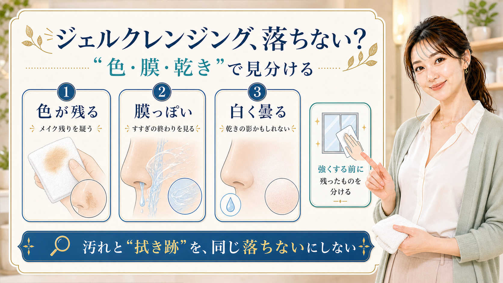 ジェルクレンジングが落ちない時に色・膜・乾きで見分ける説明ボード
