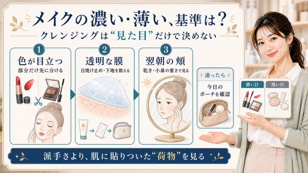 メイクの濃い薄いの基準とクレンジング選びを見分ける説明ボード