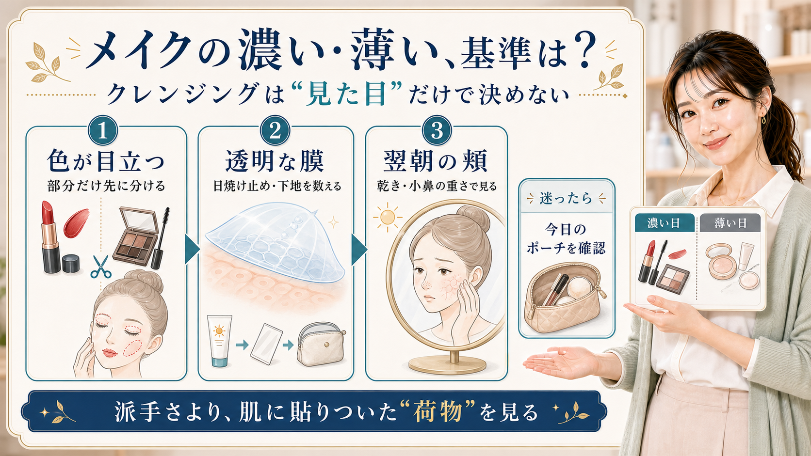 メイクの濃い薄いの基準とクレンジング選びを見分ける説明ボード