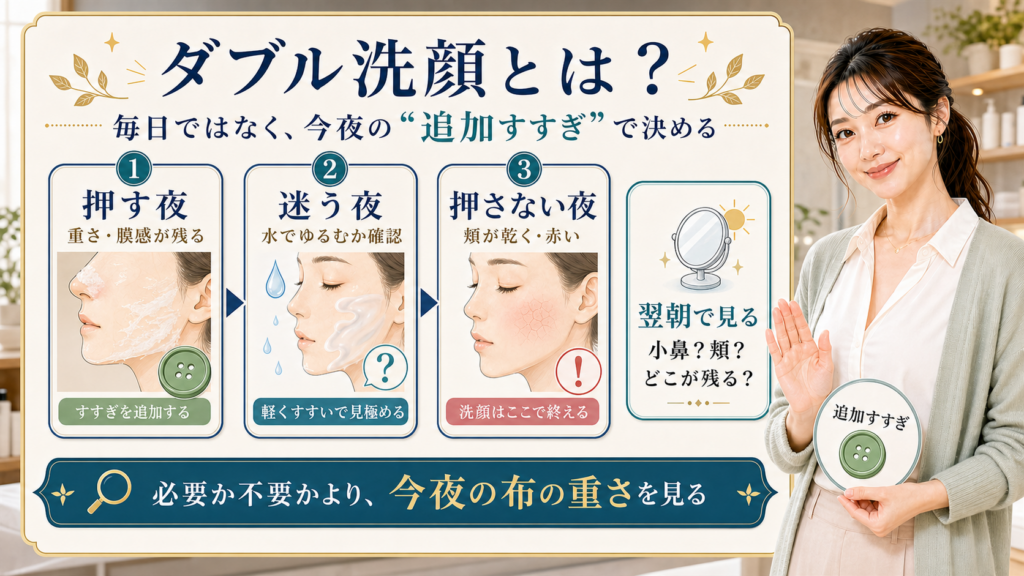 ダブル洗顔とは何かを今夜の追加すすぎで判断する説明ボード