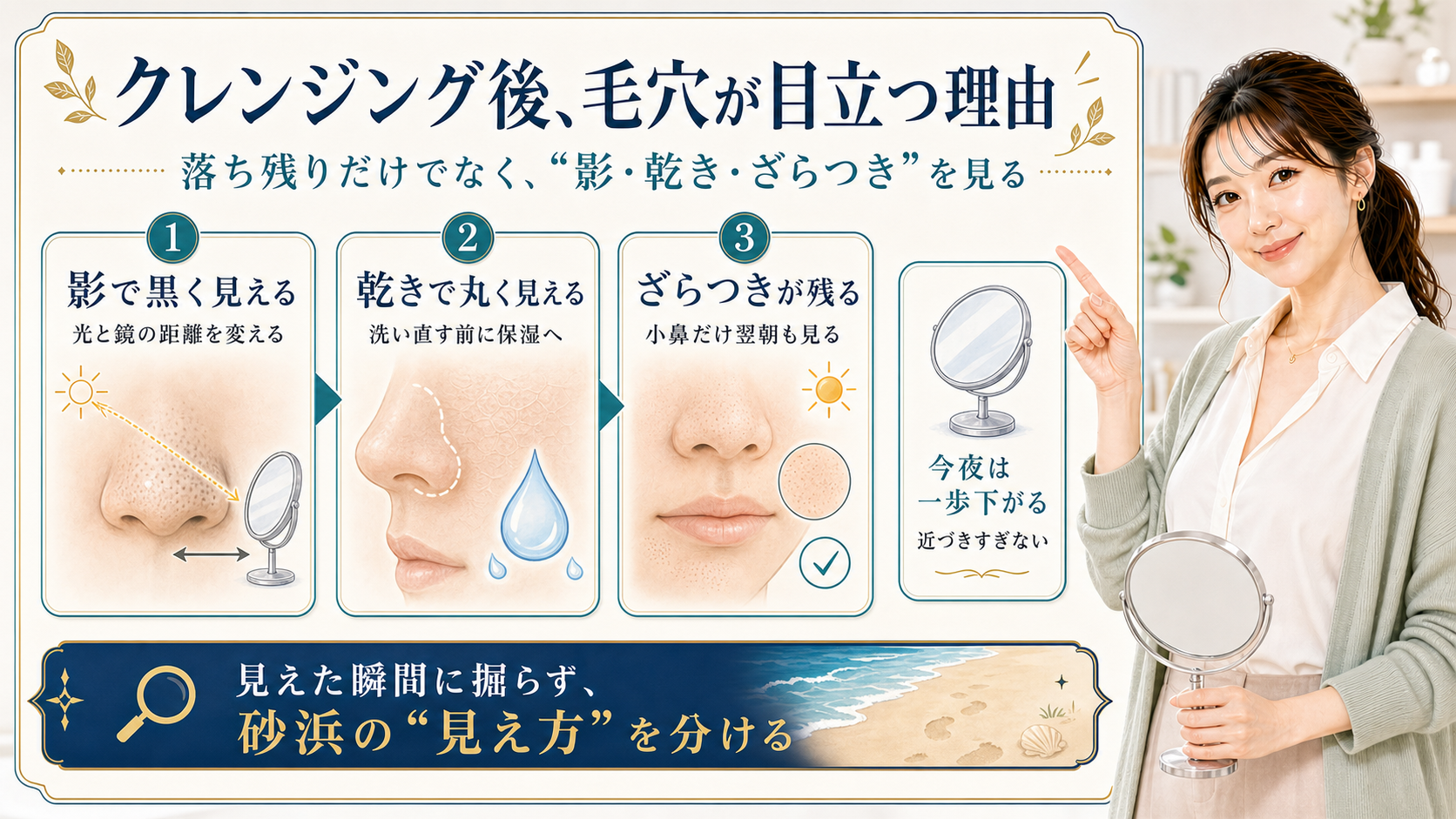 クレンジング後に毛穴が目立つ理由を影・乾き・ざらつきで分ける説明ボード