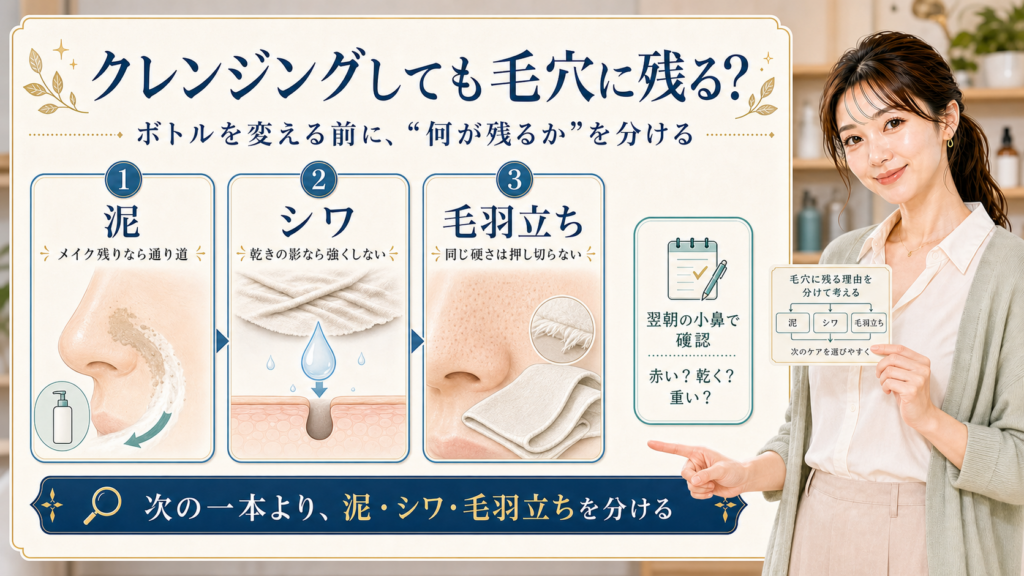 クレンジングしても毛穴に残る理由を泥・シワ・毛羽立ちで分ける説明ボード