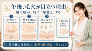 午後に毛穴が目立つ理由を小鼻・頬・同じ一点で分ける説明ボード