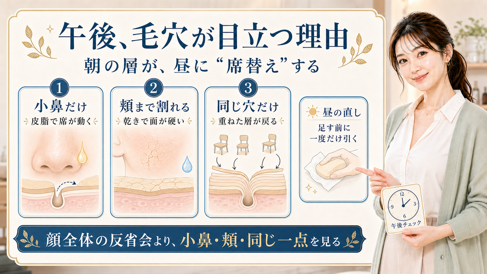 午後に毛穴が目立つ理由を小鼻・頬・同じ一点で分ける説明ボード