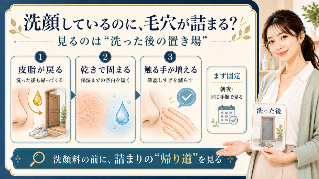 洗顔しているのに毛穴が詰まる理由を皮脂・乾き・触る手で分ける説明ボード