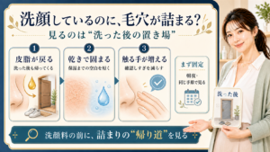 洗顔しているのに毛穴が詰まる理由を皮脂・乾き・触る手で分ける説明ボード