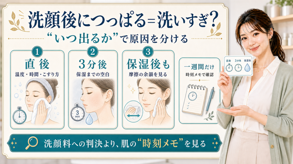 洗顔後につっぱる原因を直後・3分後・保湿後で分ける説明ボード