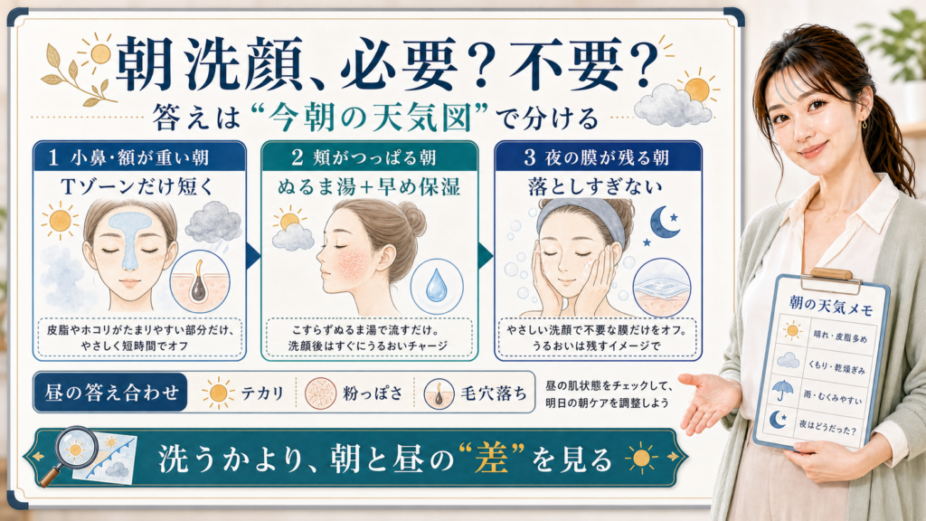 朝洗顔の必要不要を小鼻・頬・夜の膜と昼の答え合わせで分ける説明ボード
