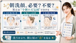 朝洗顔の必要不要を小鼻・頬・夜の膜と昼の答え合わせで分ける説明ボード