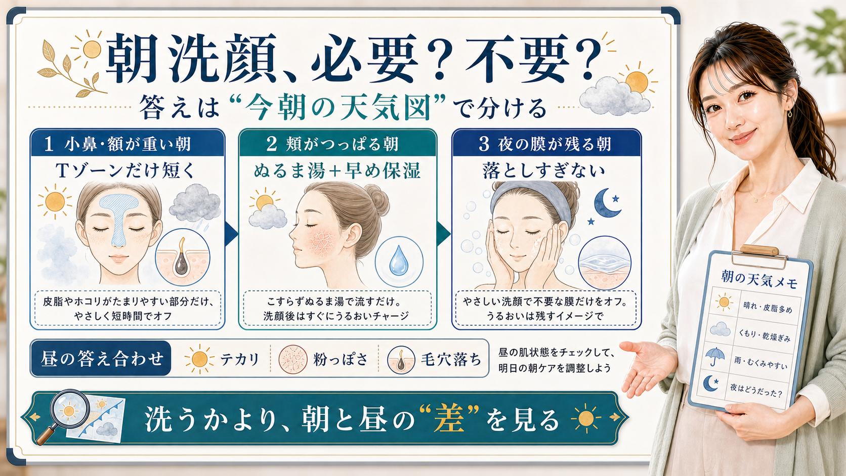 朝洗顔の必要不要を小鼻・頬・夜の膜と昼の答え合わせで分ける説明ボード