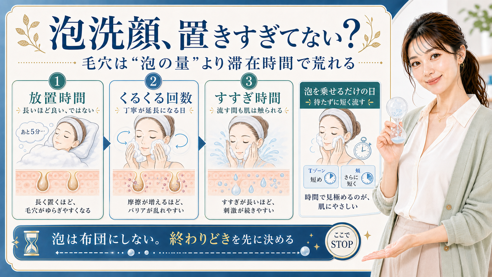 泡洗顔の放置時間・くるくる回数・すすぎ時間を分けて終わりどきを見る説明ボード