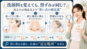 洗顔料を変えても黒ずみが同じ場所に残る理由を洗顔直後・同じ場所・翌朝で見る説明ボード