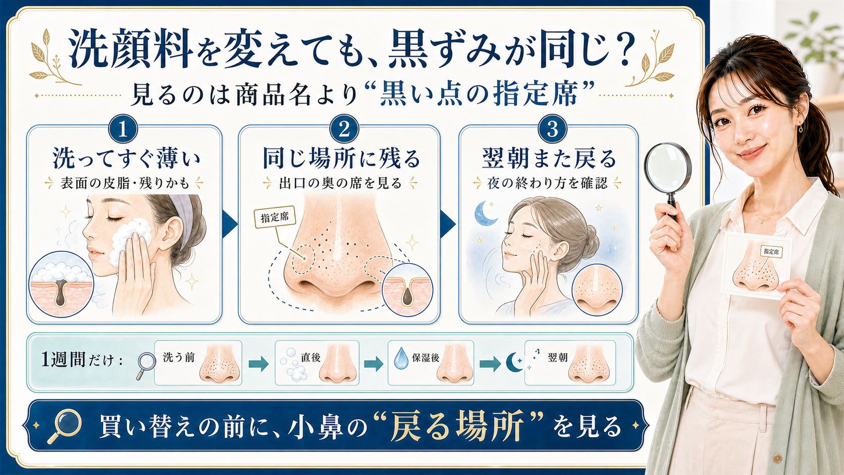 洗顔料を変えても黒ずみが同じ場所に残る理由を洗顔直後・同じ場所・翌朝で見る説明ボード
