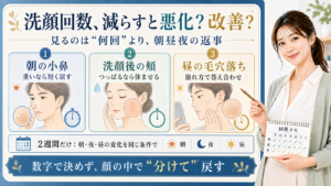 洗顔回数を朝の小鼻・洗顔後の頬・昼の毛穴落ちで分けて見る説明ボード