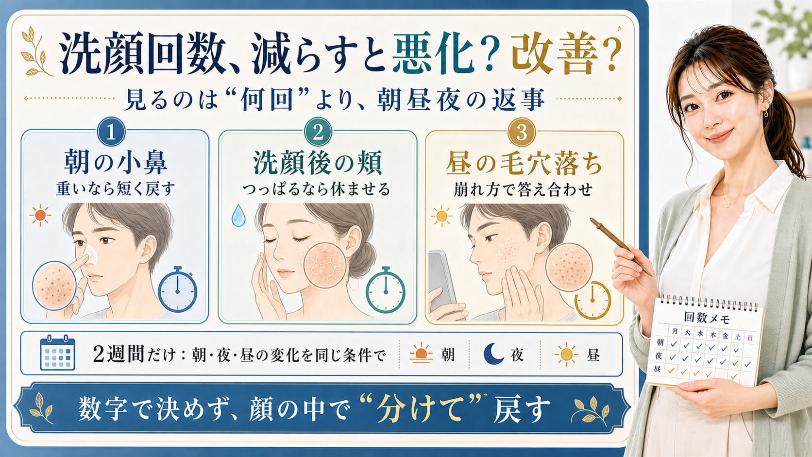 洗顔回数を朝の小鼻・洗顔後の頬・昼の毛穴落ちで分けて見る説明ボード