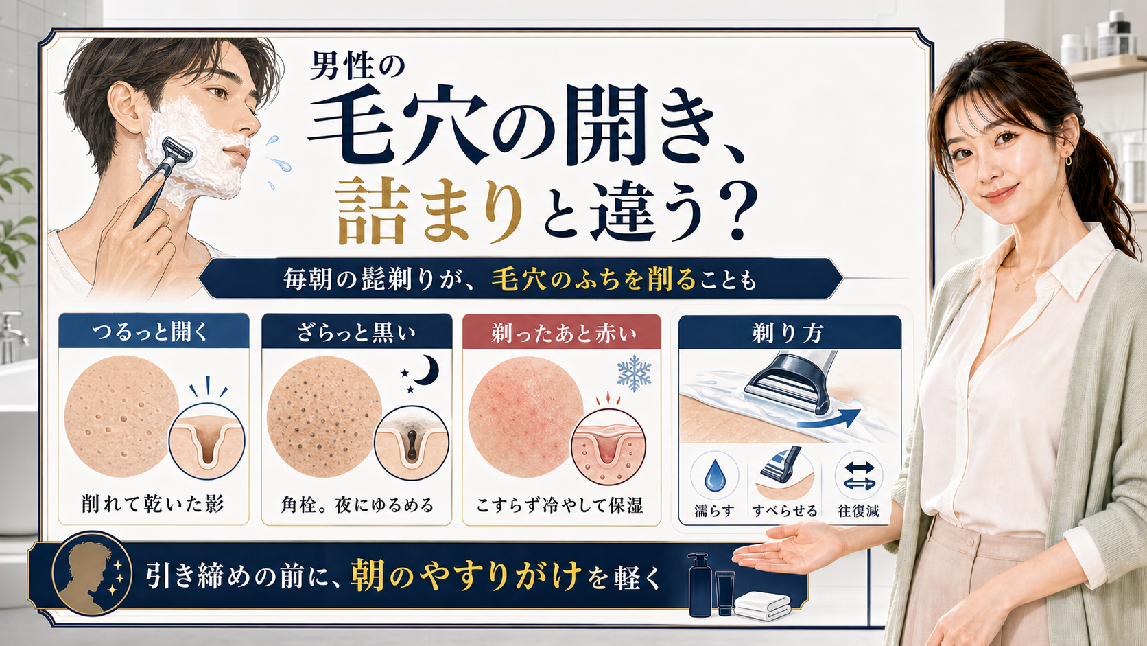 男性の毛穴の開きは詰まりと違い髭剃りで毛穴のふちが削れることもあると整理したアイキャッチ