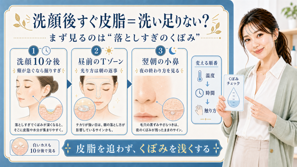 洗顔後すぐ皮脂が出る理由を10分後の頬・昼前のTゾーン・翌朝の小鼻で見る説明ボード