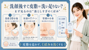 洗顔後すぐ皮脂が出る理由を10分後の頬・昼前のTゾーン・翌朝の小鼻で見る説明ボード