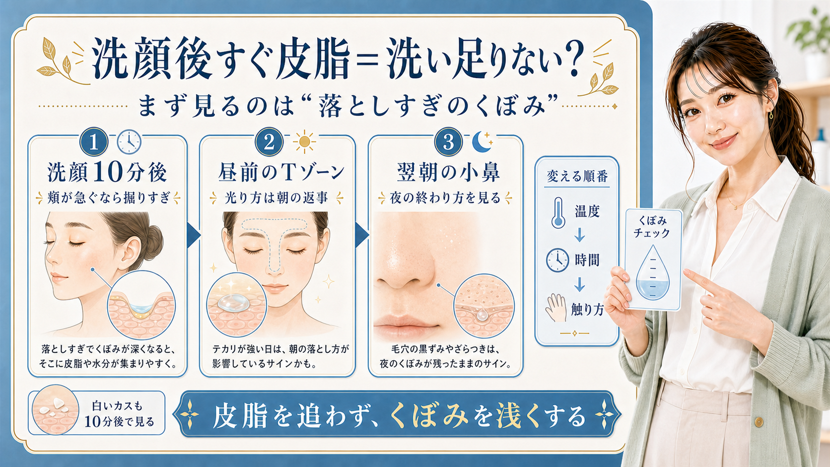 洗顔後すぐ皮脂が出る理由を10分後の頬・昼前のTゾーン・翌朝の小鼻で見る説明ボード