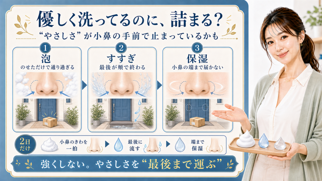 優しく洗っているのに毛穴が詰まる理由を泡・すすぎ・保湿が小鼻の手前で止まる構造で見る説明ボード